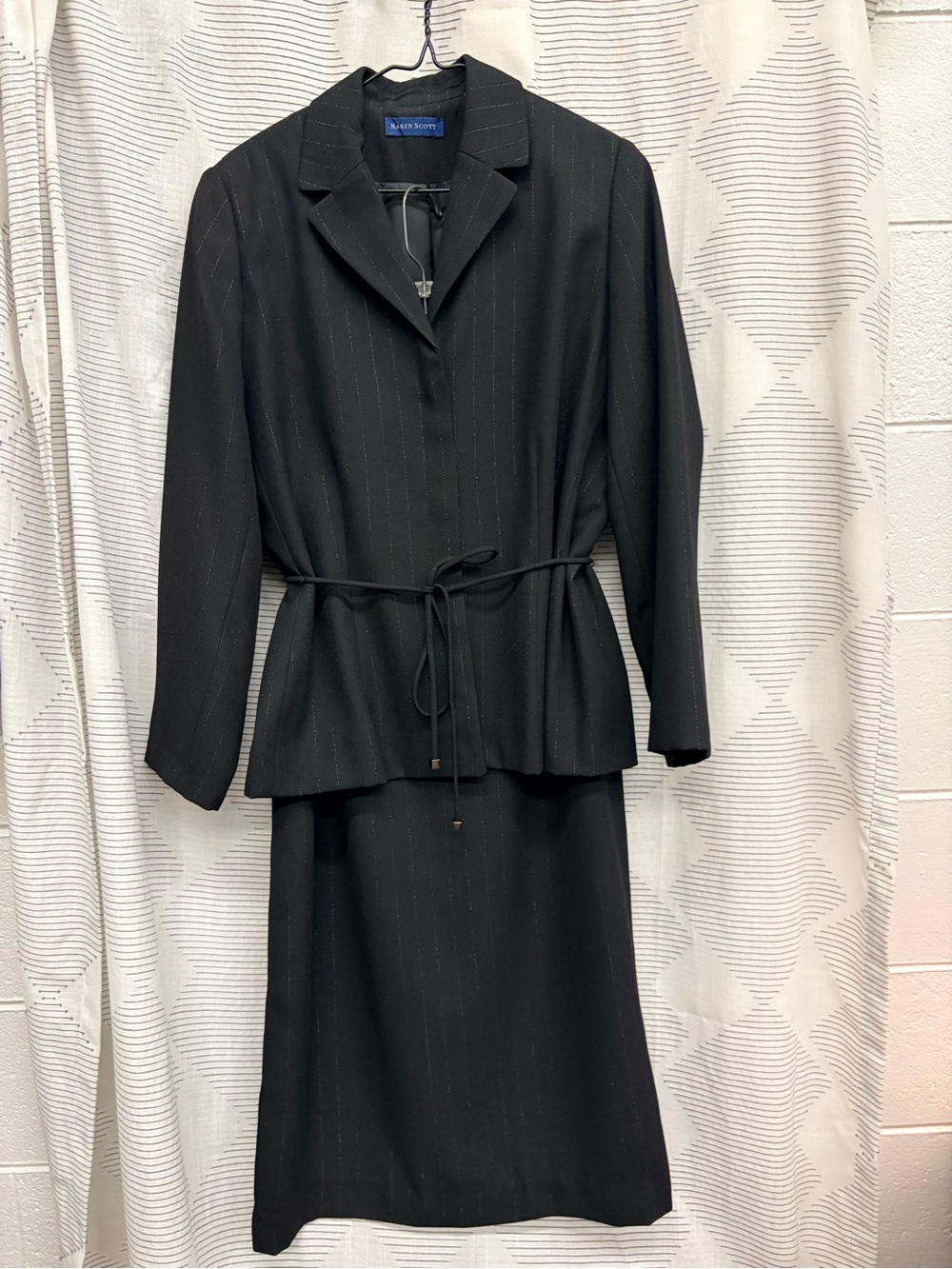 Tailored Classic Lady look Black Pinstripe Maxi Skirt Suit with Tie-Waist Jacket